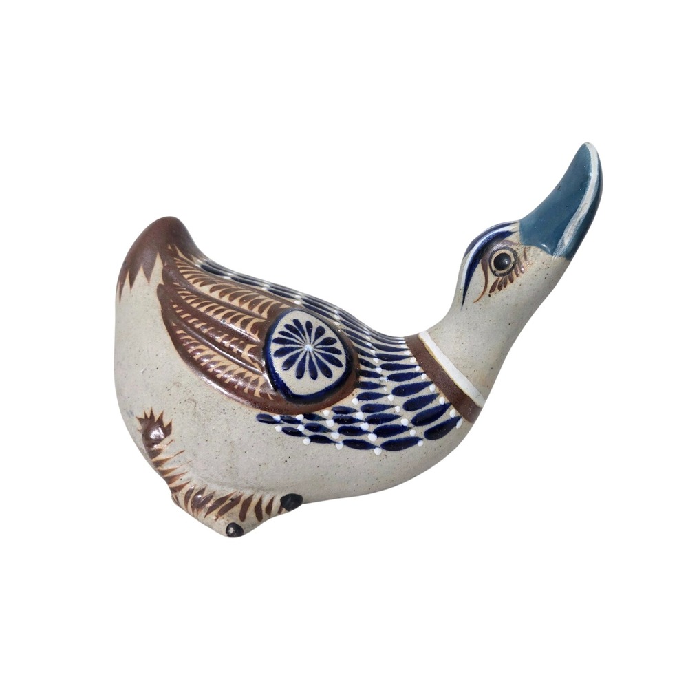Vintage Tonala Mexico Pottery Duck Figurine Hand Painted Blue Signed Folk Art
